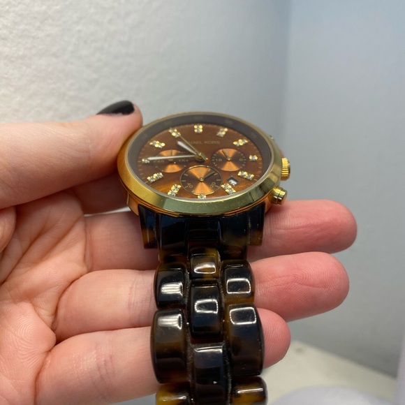 Michael Kors Tortoise Watch with Studs + Gold Finish - Picture 2 of 2